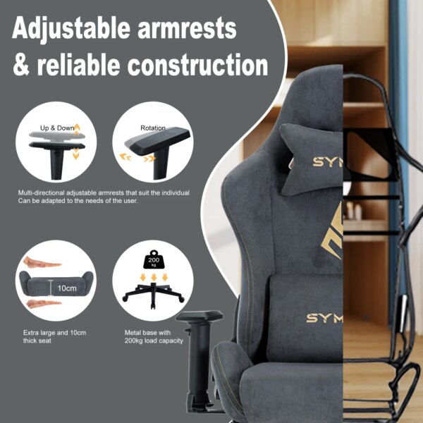 Symino Gaming Chair, Ergonomic Gamer Chair with Footrest, Breathable PC Chair with Adjustable Lumbar Cushion, Headrest Cushion - Image 4