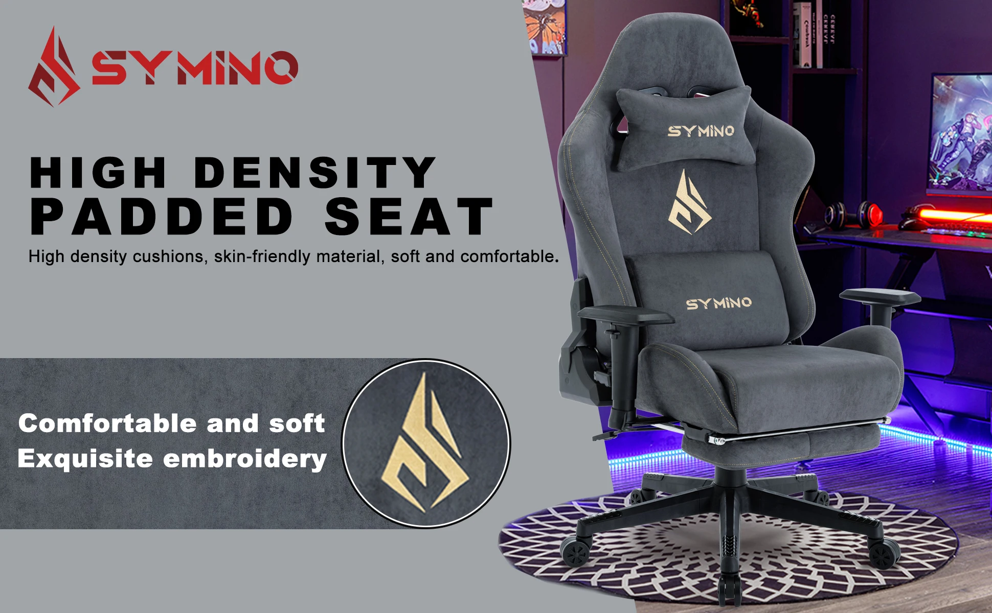 Symino Gaming Chair, Ergonomic Gamer Chair with Footrest, Breathable PC Chair with Adjustable Lumbar Cushion, Headrest Cushion