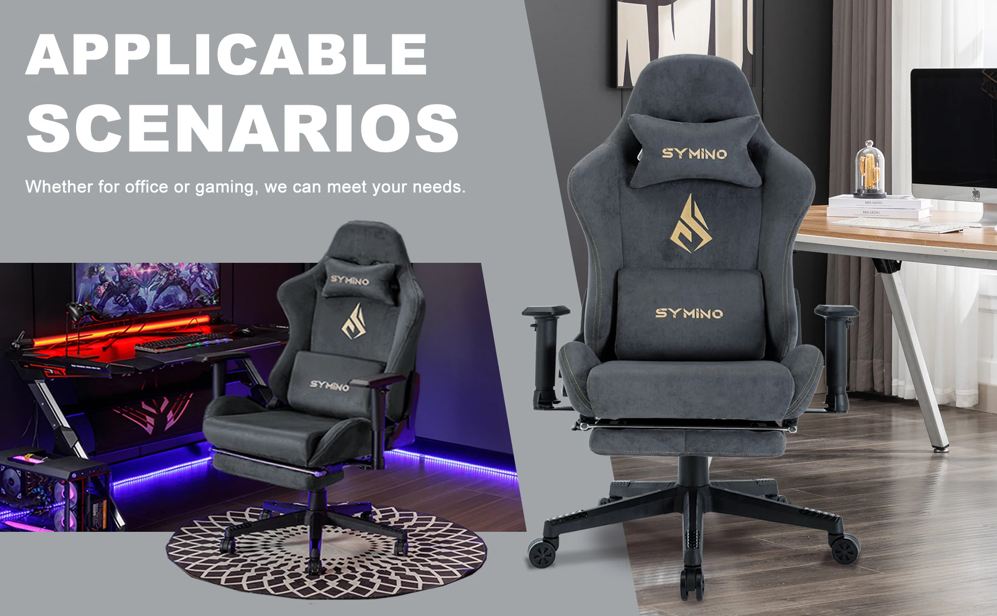 Symino Gaming Chair, Ergonomic Gamer Chair with Footrest, Breathable PC Chair with Adjustable Lumbar Cushion, Headrest Cushion