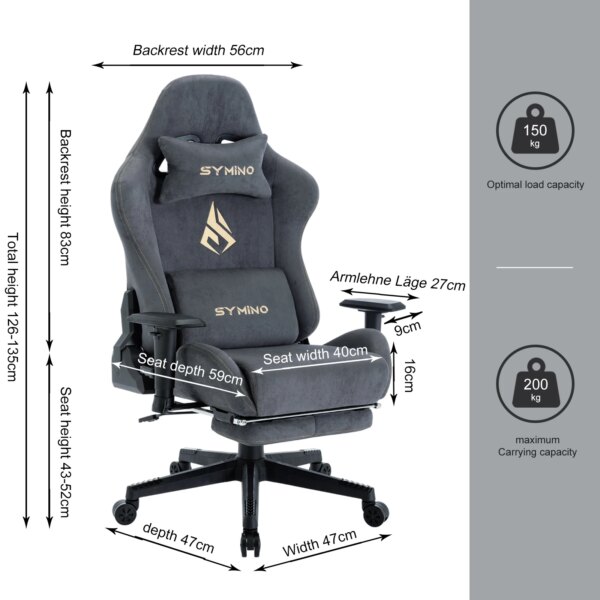 Symino Gaming Chair, Ergonomic Gamer Chair with Footrest, Breathable PC Chair with Adjustable Lumbar Cushion, Headrest Cushion - Image 2