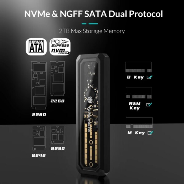 Yottamaster DF3 M2 NVMe SATA SSD Enclosure USB3.1 GEN2 Type C Interface 10Gbps M2 Enclosure for M-Key B-Key B+M Key SSD Case - Image 2