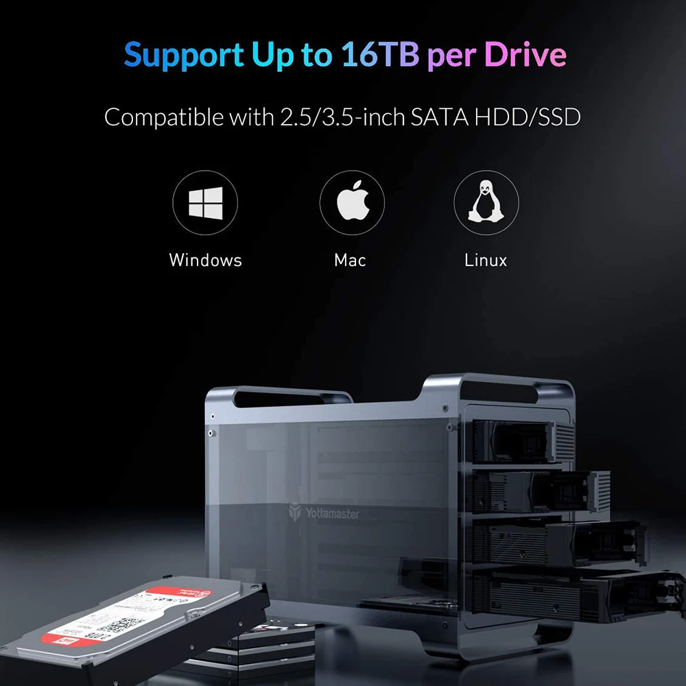 Yottamaster USB3.1 USB-B 5Gbps 5-Bay (5*16TB) RAID Enclosure Support RAID 0/1/5/10 /JBOD /ClONE/Normal Hard Drive RAID Storage