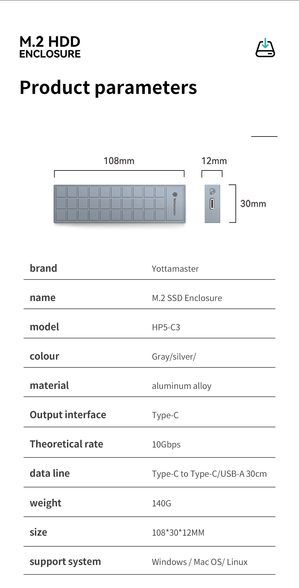 Yottamaster HP5 10Gbpe M.2 NVME SSD Case SATA Dual Protocol M.2 to USB Type C 3.1 GEN2  Adapter for NVMe UASP USB3.1 GEN2 Type-C