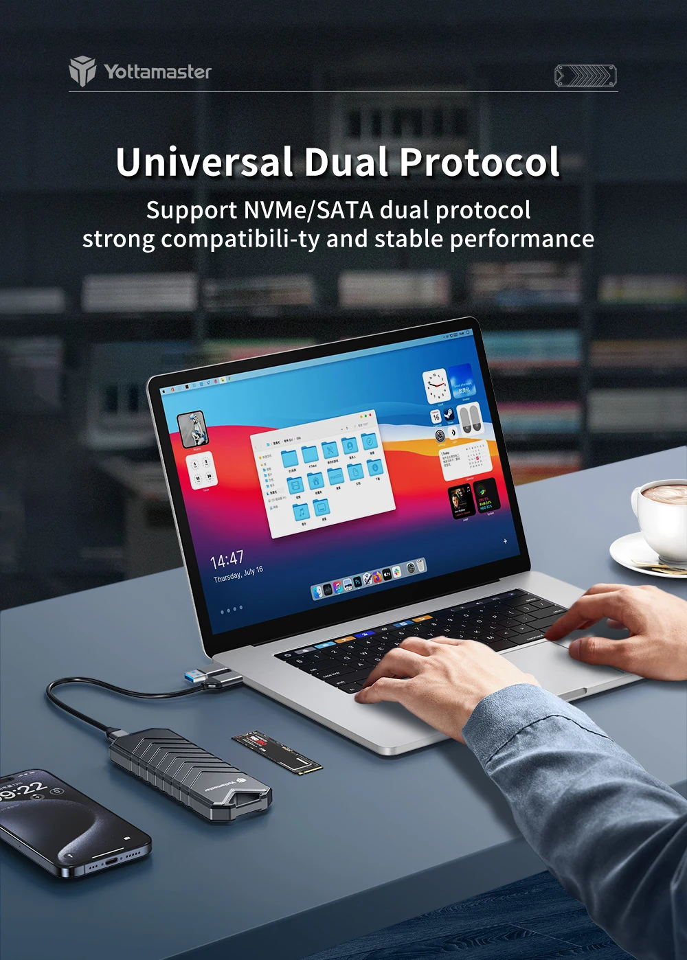 Yottamaster Dual Protocol M.2 SSD Case M.2 NVMe/SATA Hard Disk Enclosure Type-C USB3.2 Gen2 10Gbp M-key B&M-key 4TB Capacit