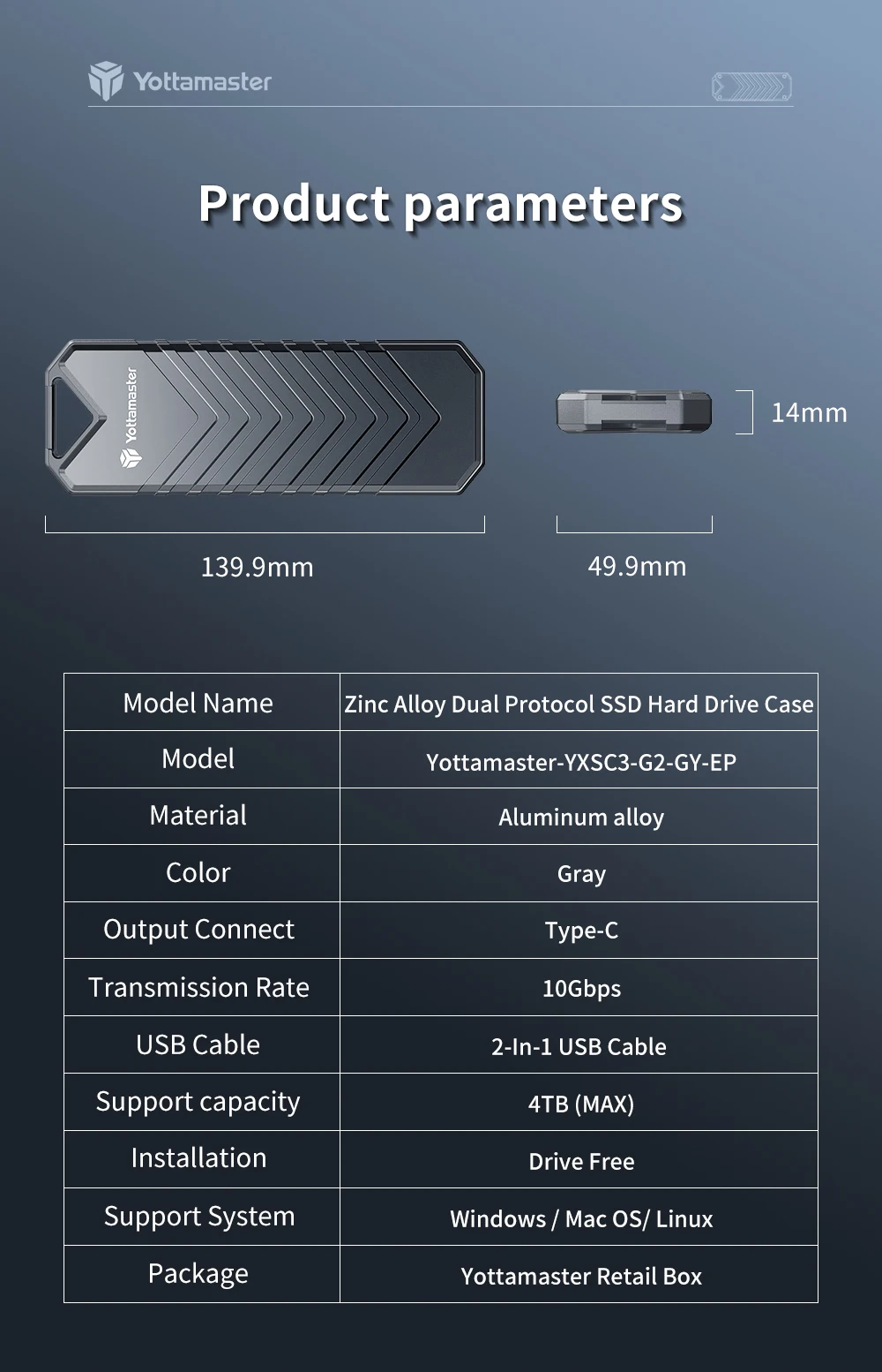 Yottamaster Dual Protocol M.2 SSD Case M.2 NVMe/SATA Hard Disk Enclosure Type-C USB3.2 Gen2 10Gbp M-key B&M-key 4TB Capacit