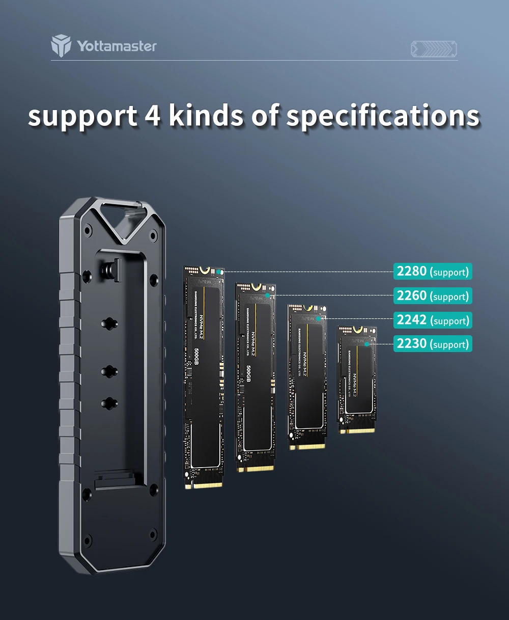 Yottamaster Dual Protocol M.2 SSD Case M.2 NVMe/SATA Hard Disk Enclosure Type-C USB3.2 Gen2 10Gbp M-key B&M-key 4TB Capacit