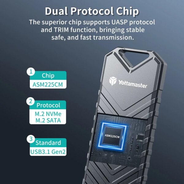 Yottamaster Dual Protocol M.2 SSD Case M.2 NVMe/SATA Hard Disk Enclosure Type-C USB3.2 Gen2 10Gbp M-key B&M-key 4TB Capacit - Image 5