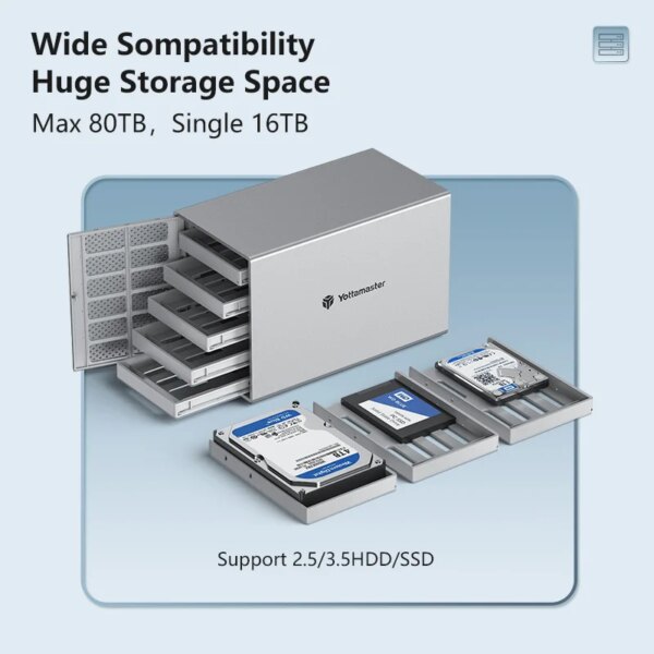 Yottamaster PS500U3 Aluminum 5 Bay 2.5"/3.5" USB3.0 Support 5x16TB for Personal Storage External Hard Drive Enclosure SATA 3.0 - Image 4