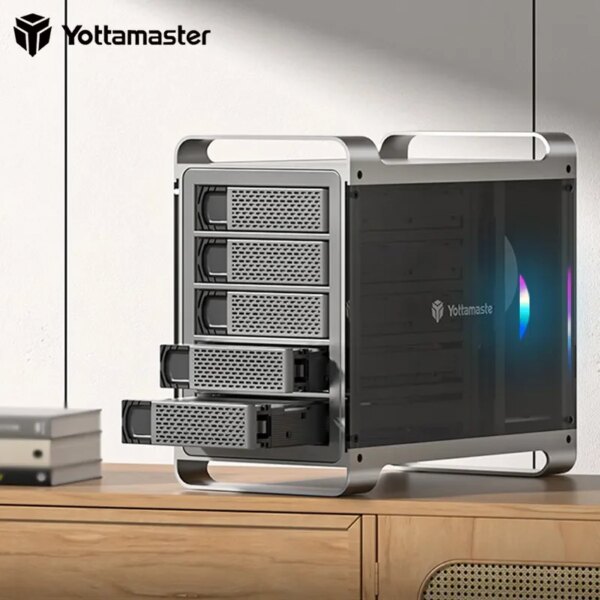 Yottamaster 2.5" 3.5" inch SATA HDD SSD Enclosure 5 Bay Hard Drive External Case 80TB RAID RGB Fan Dual Chip for NAS Storage Box