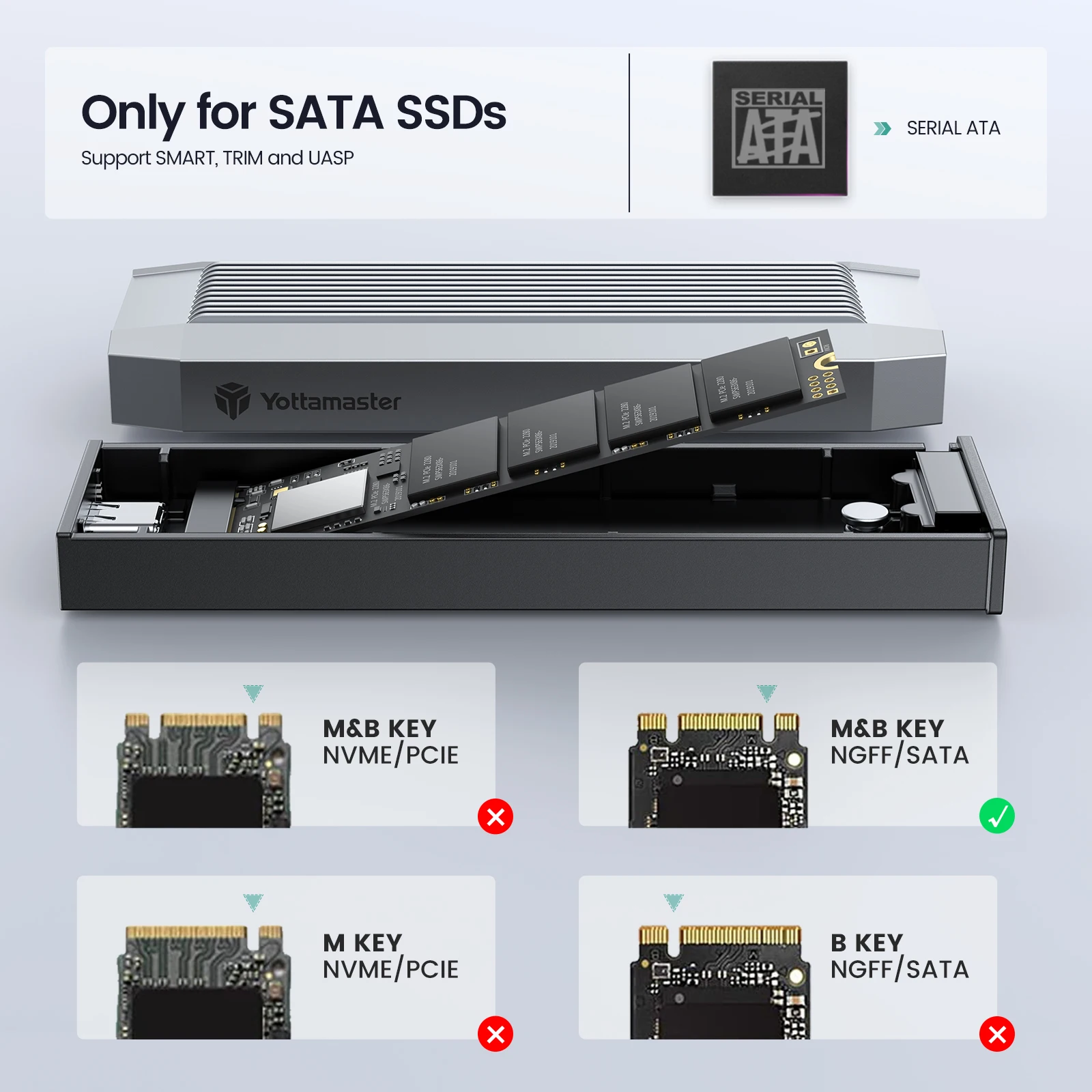 Yottamaster TR13 M2 SSD Enclosure M.2 NGFF SATA 6Gbps PCIE SSD BOX for SATA 3.0 UASP Aluminum SSD Case Built-In Metal Heat Sink