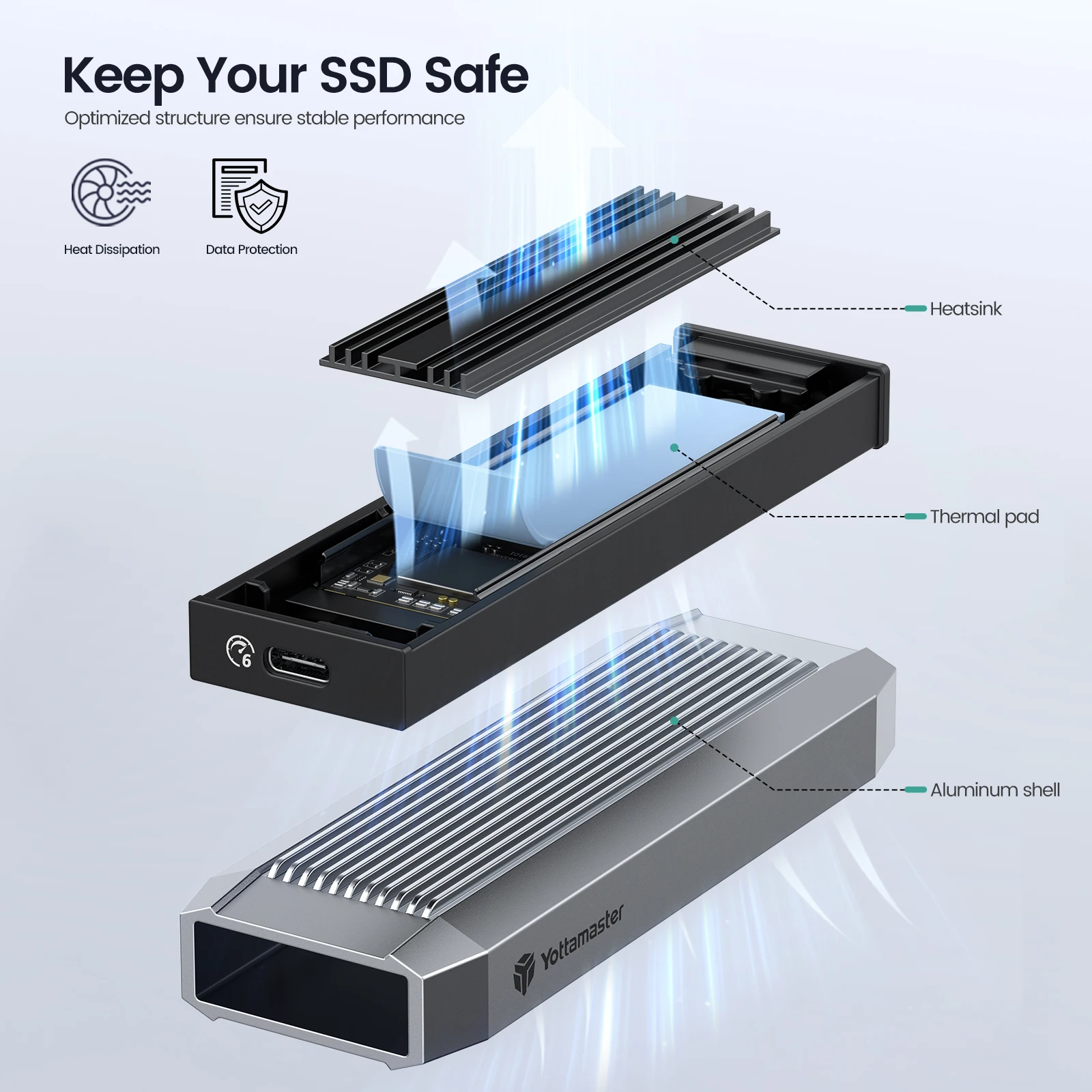 Yottamaster TR13 M2 SSD Enclosure M.2 NGFF SATA 6Gbps PCIE SSD BOX for SATA 3.0 UASP Aluminum SSD Case Built-In Metal Heat Sink