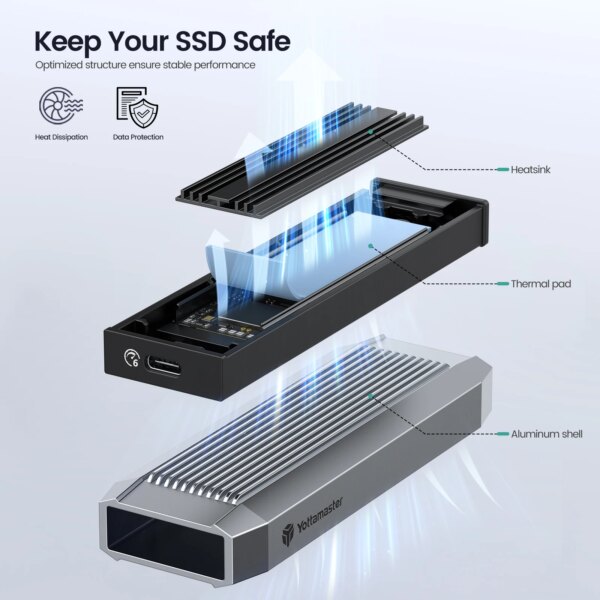 Yottamaster TR13 M2 SSD Enclosure M.2 NGFF SATA 6Gbps PCIE SSD BOX for SATA 3.0 UASP Aluminum SSD Case Built-In Metal Heat Sink - Image 2