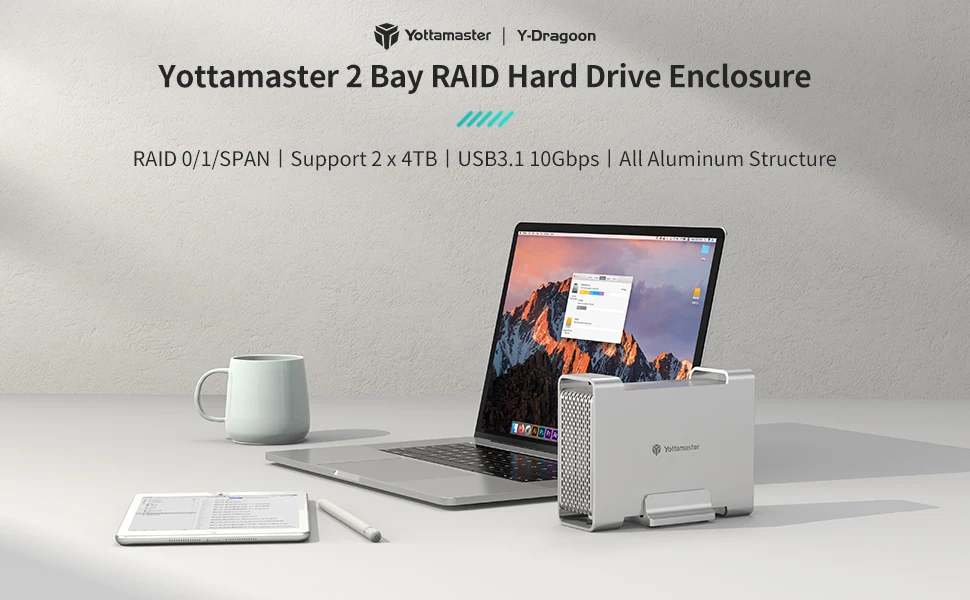 Yottamaster USB3.1 Gen2 10Gbps Type-C 2-Bay RAID Enclosure Support RAID 0 /1 /SPAN 3 RAID Mode SATA External Hard Drive Storage