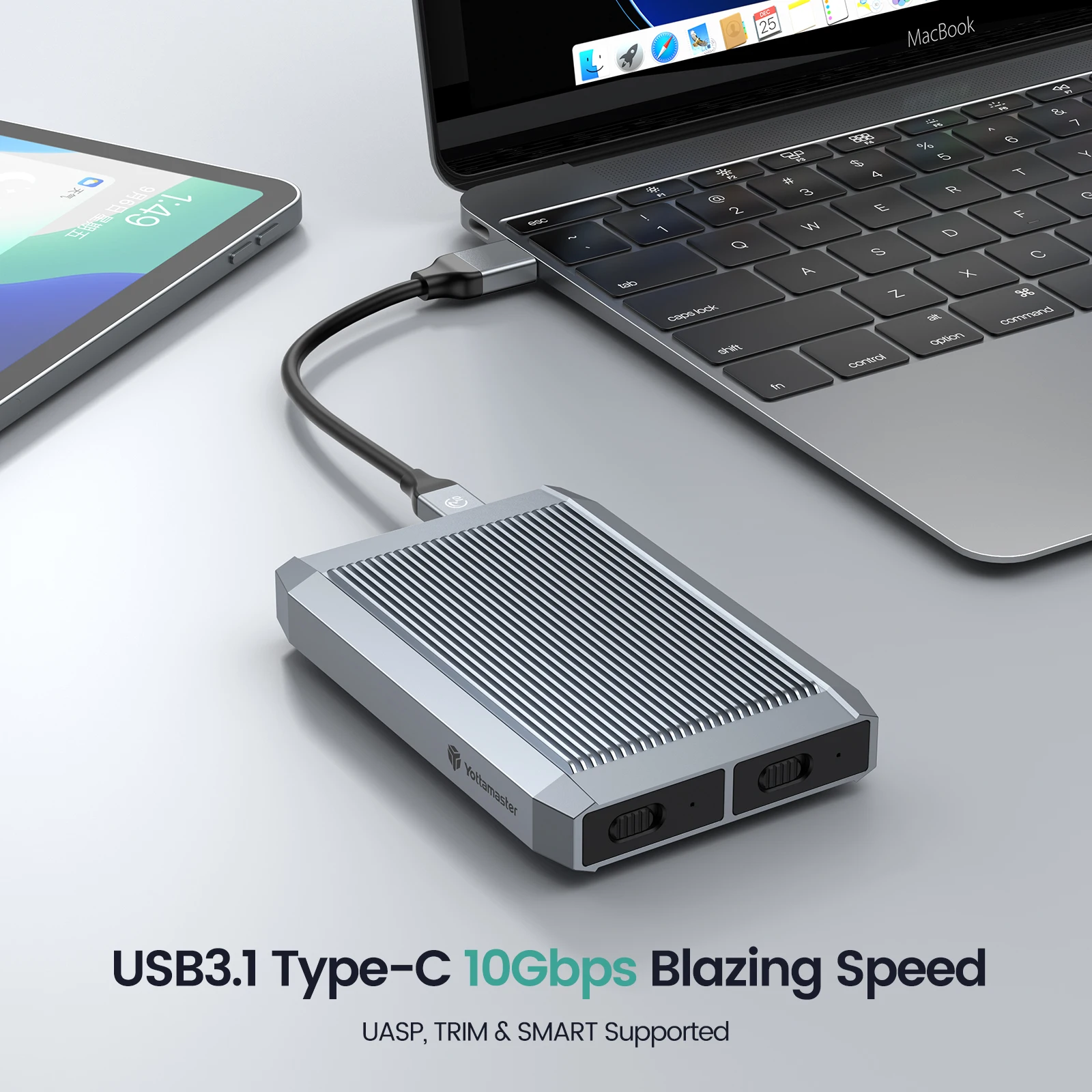 Yottamaster Tool-Free Dual Bay USB C NVMe SATA Enclosure to USB3.1 GEN2 Type-C 10Gbps 4TB(8TB Max) for Windows Mac OS Linux