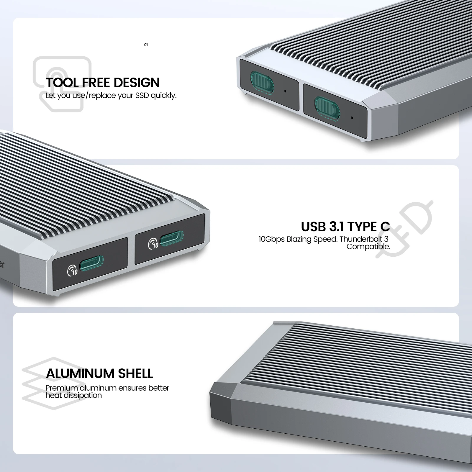 Yottamaster Tool-Free Dual Bay USB C NVMe SATA Enclosure to USB3.1 GEN2 Type-C 10Gbps 4TB(8TB Max) for Windows Mac OS Linux