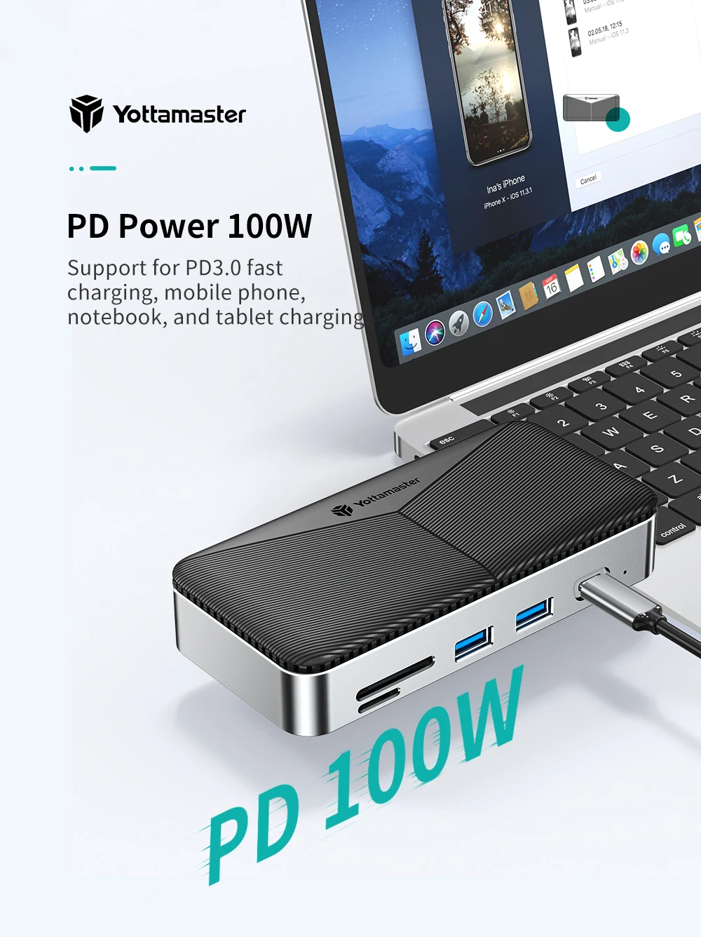 Yottamaster M.2 NVMe USB HUB with HDMI USB-A 3.2 Gen2 M.2 NVMe/SATA SSD Case USB Docking Station Ethernet 100W PD USB Hub SD/TF