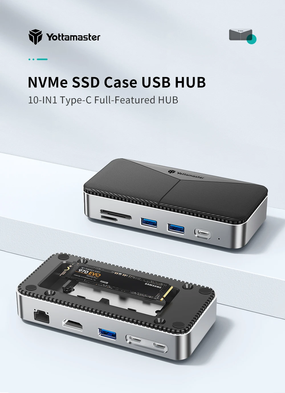 Yottamaster M.2 NVMe USB HUB with HDMI USB-A 3.2 Gen2 M.2 NVMe/SATA SSD Case USB Docking Station Ethernet 100W PD USB Hub SD/TF