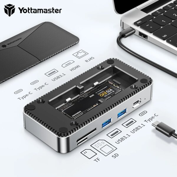 Yottamaster M.2 NVMe USB HUB with HDMI USB-A 3.2 Gen2 M.2 NVMe/SATA SSD Case USB Docking Station Ethernet 100W PD USB Hub SD/TF