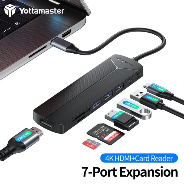 Yottamaster 7IN1 USB HUB USB3.0 4K@60Hz HDMI * PD100W Fast charging Type C Port SD/TF Card Reader for Mac、iPad Window Phone OTG