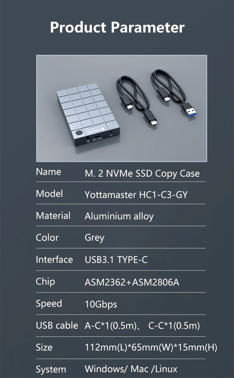 Yottamaster HC Dual-Bay M.2 NVMe Duplicator Offline Cloner Docking Station