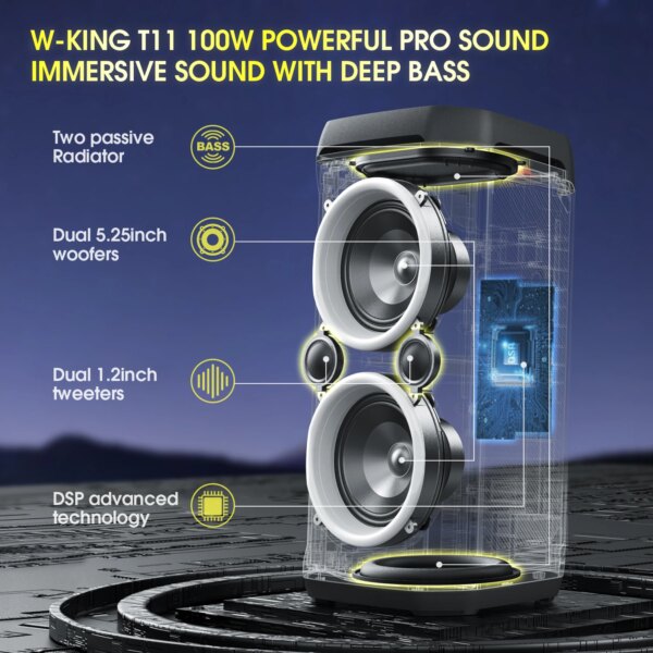 W-KING 100W RMS Bluetooth Speakers, IPX6 Waterproof, V5.3 Portable Party Boombox Wireless Deep Bass/115dB Loud Massive Sound - Image 2