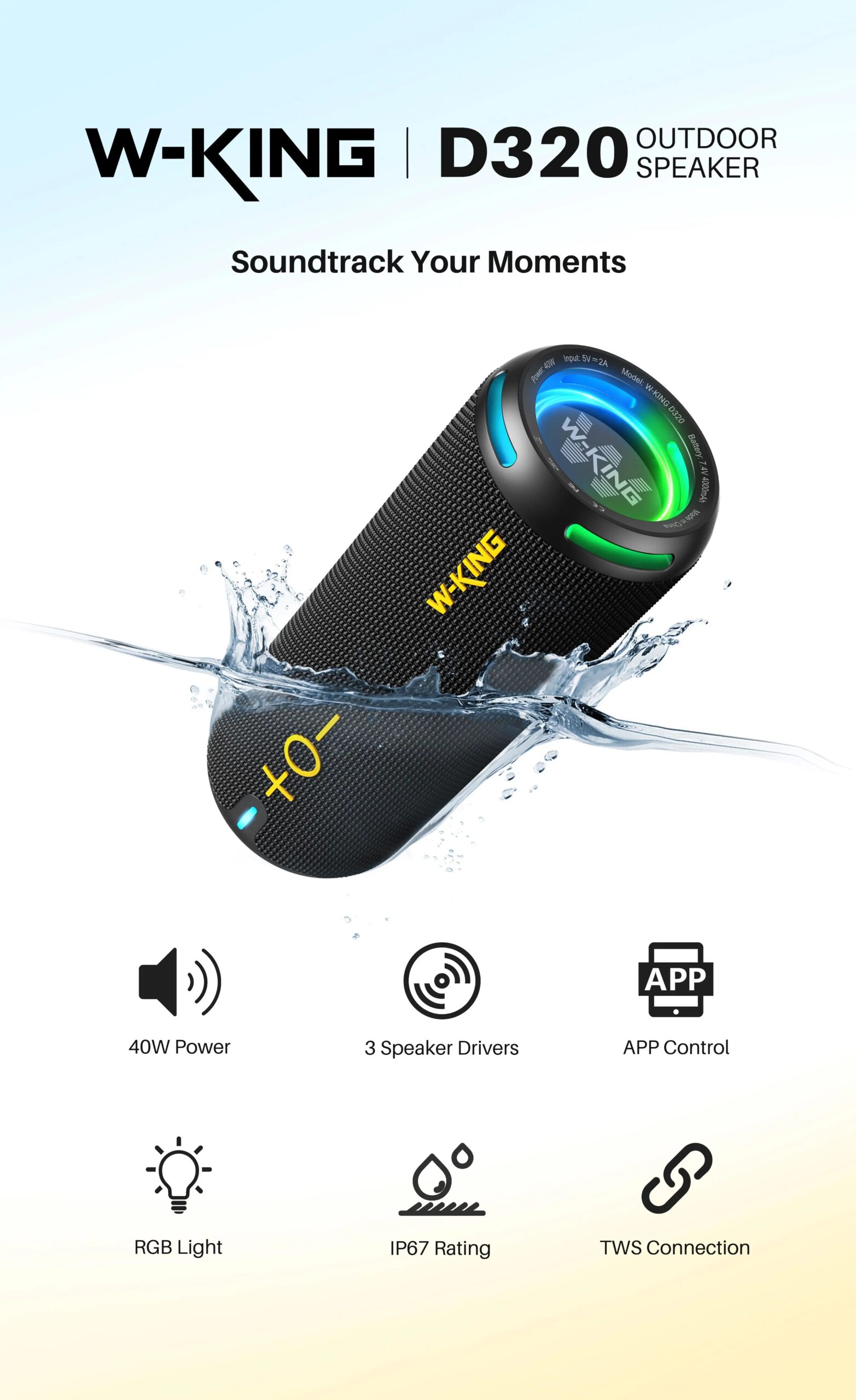 W-KING 40W Portable Speaker, IP67 Waterproof, APP Control, High-Quality Audio, TF/AUX, Dynamic Lights for Party, Outdoor, Shower