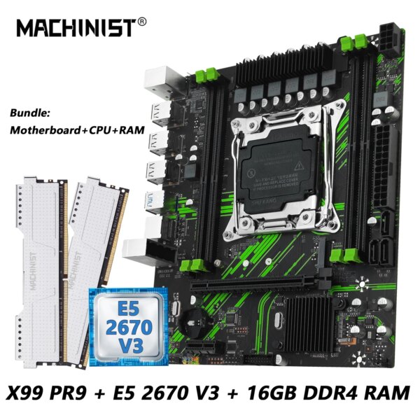 MACHINIST X99 PR9 X99 Motherboard kit  LGA 2011-3 Xeon E5 2670 V3 CPU Set DDR4 8GB*2pcs 2133MHz support NVME m.2 USB3.0 SATA 3.0