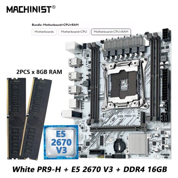 MACHINIST X99 PR9-H White Motherboard Set kit With Intel Xeon E5 2670 V3 LGA 2011-3 CPU + DDR4 16GB RAM support NVME m.2