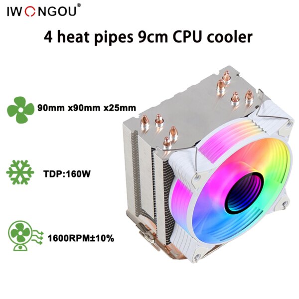 IWONGOU 4 Heat Pipes 90cm CPU Air Cooler 4 Pin PWM Quiet CPU Cooling Fan for Intel LGA 1700 2011 1200 1156  AM3 AM4 PC Radiator