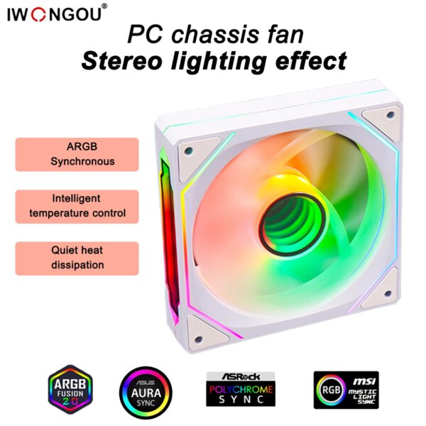 IWONGOU 4 PRO Computer Chassis white reversal Fan 12cm ARGB 4 Pin PWM Quiet Cooling Fan 12V Large Air Volume 47.2CFM/800-1600RPM