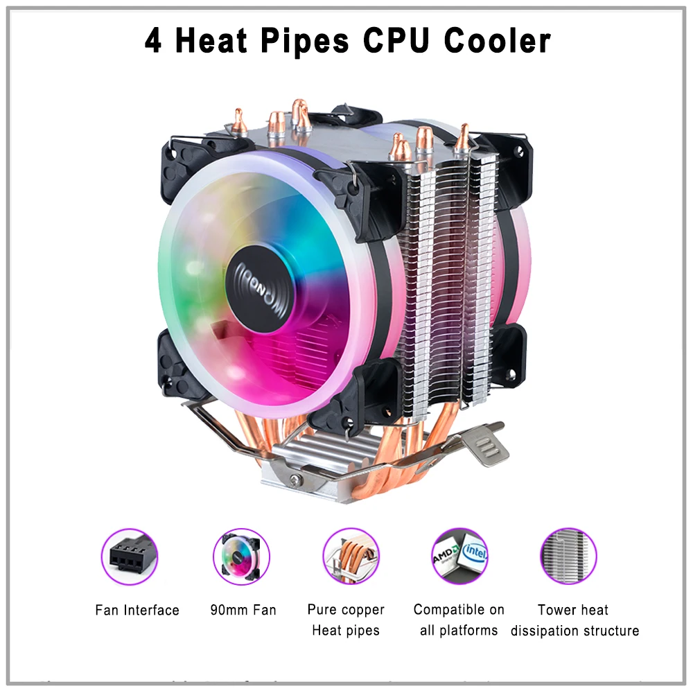 x99 Processor Cooler 4 Heatpipes Radiator IWONGOU 4pin Cooling CPU Fan 90mm RGB Ventilador for Intel Lga 2011/1366/1700/AMD/AM4