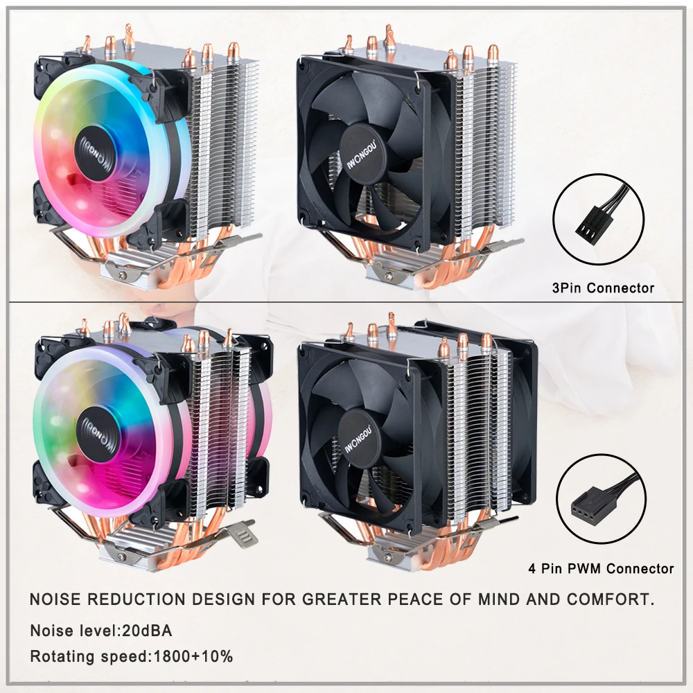 x99 Processor Cooler 4 Heatpipes Radiator IWONGOU 4pin Cooling CPU Fan 90mm RGB Ventilador for Intel Lga 2011/1366/1700/AMD/AM4