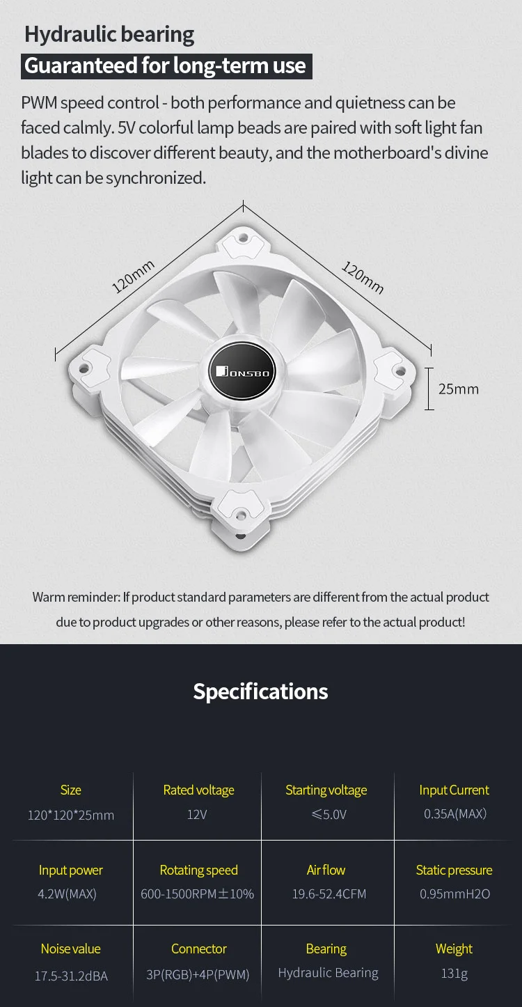 Jonsbo FR-502 12cm White PC Case Fan 12V/4Pin PWM 1500rpm Silent Hydraulic Bearing Chassis CPU Cooling Colorful ARGB Ventilator