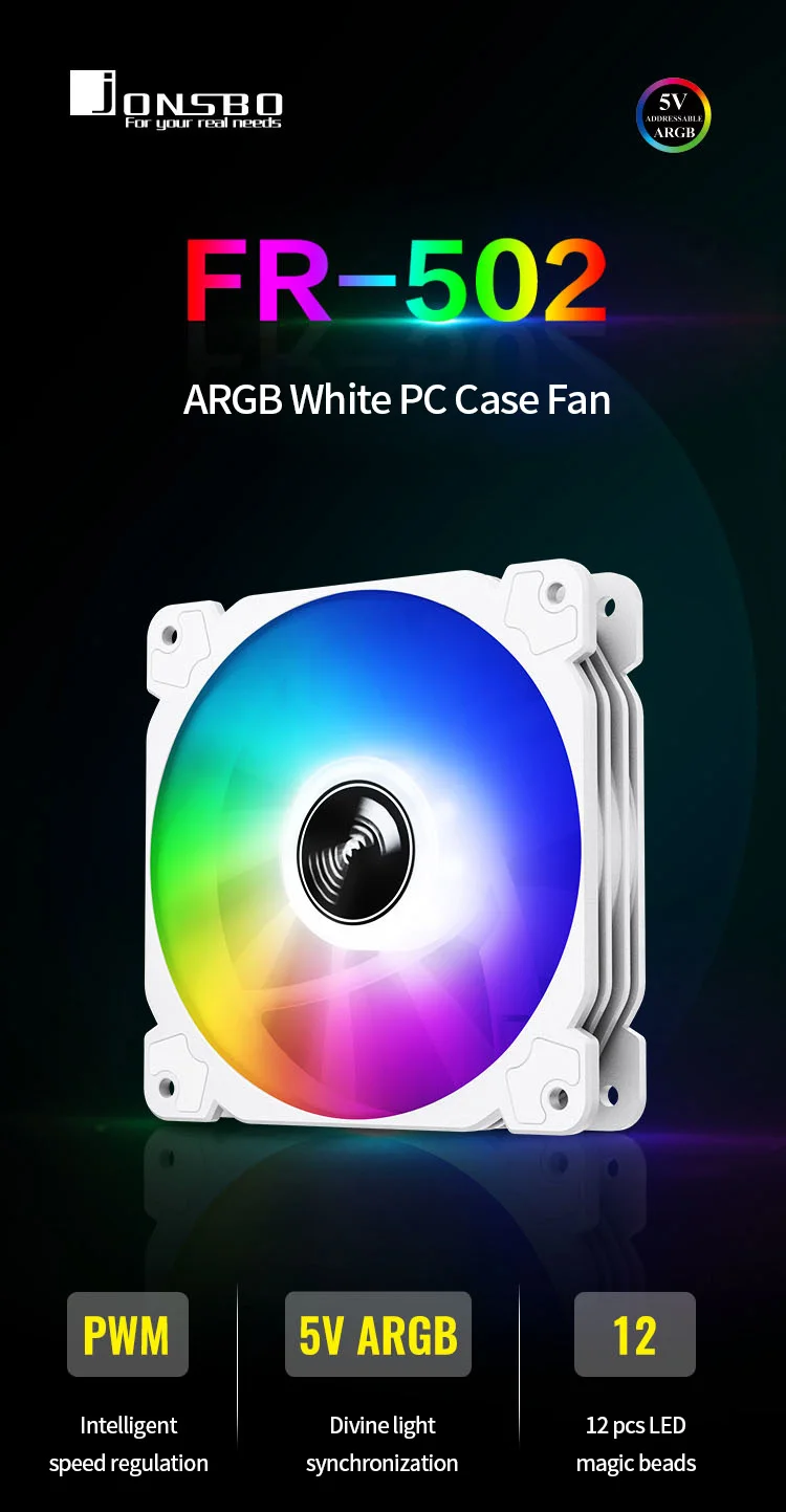 Jonsbo FR-502 12cm White PC Case Fan 12V/4Pin PWM 1500rpm Silent Hydraulic Bearing Chassis CPU Cooling Colorful ARGB Ventilator