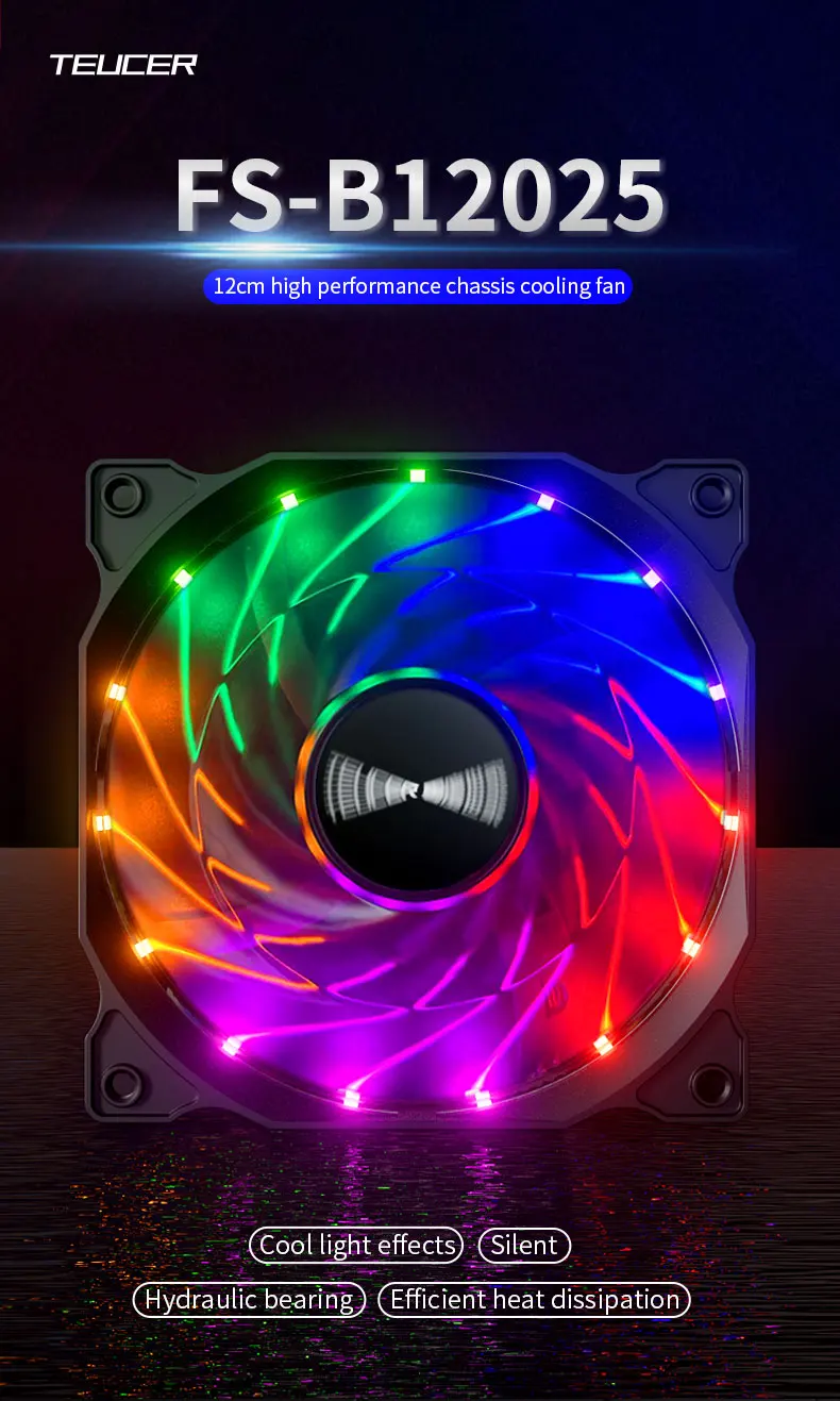 Teucer 120mm PC Case Fan 12V Big 4Pin Chassis Power Supply Low Noise Quiet Transparent Fan Blade Led Colorful Cooling Ventilator