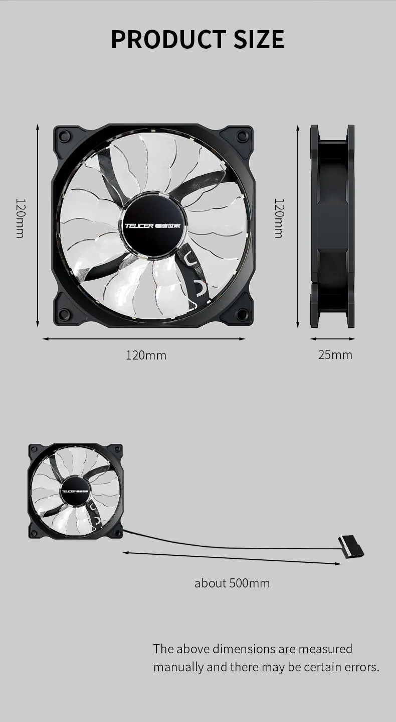 Teucer 120mm PC Case Fan 12V Big 4Pin Chassis Power Supply Low Noise Quiet Transparent Fan Blade Led Colorful Cooling Ventilator