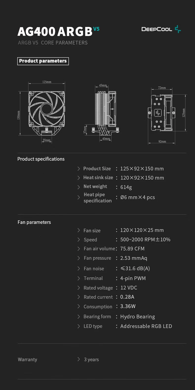 Deepcool AG400  4 Heat Pipes ARGB CPU Air Cooler 12cm PWM Fan D-TDP 220W Radiator for LGA1700 1200 115X 1151 1155 AMD AM4 AM5