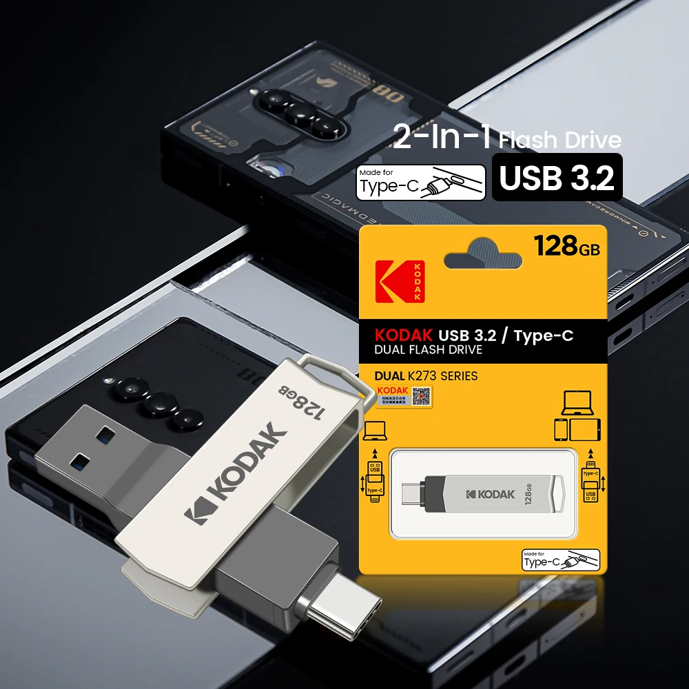 KODAK 2 in 1 OTG USB 3. 2 Type C To USB flash drive Pen Drive 64GB 128G Usb3.2 Memory Stick flash Disk Type-C Pendrive