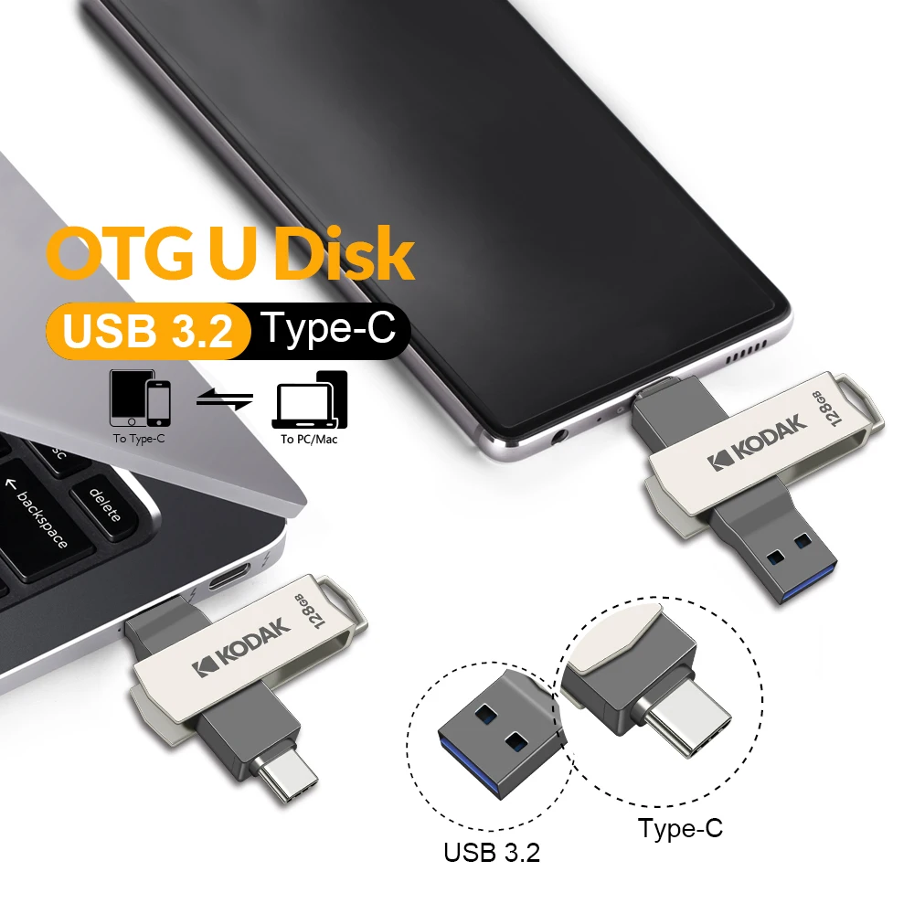 KODAK 2 in 1 OTG USB 3. 2 Type C To USB flash drive Pen Drive 64GB 128G Usb3.2 Memory Stick flash Disk Type-C Pendrive