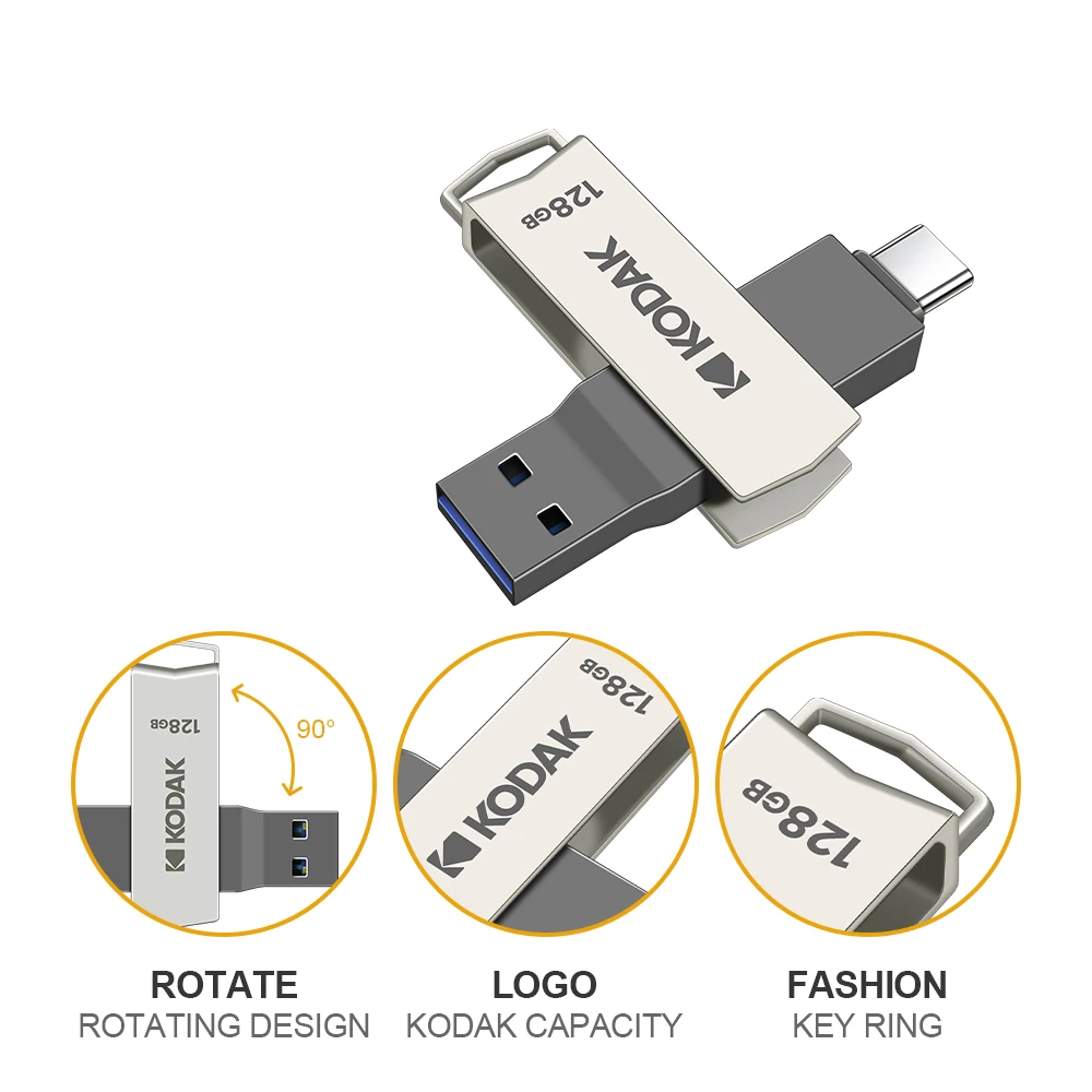 KODAK 2 in 1 OTG USB 3. 2 Type C To USB flash drive Pen Drive 64GB 128G Usb3.2 Memory Stick flash Disk Type-C Pendrive