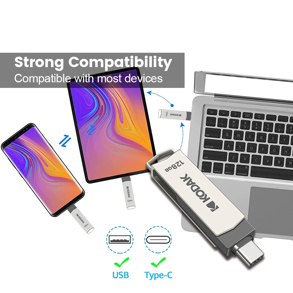 KODAK 2 in 1 OTG USB 3. 2 Type C To USB flash drive Pen Drive 64GB 128G Usb3.2 Memory Stick flash Disk Type-C Pendrive