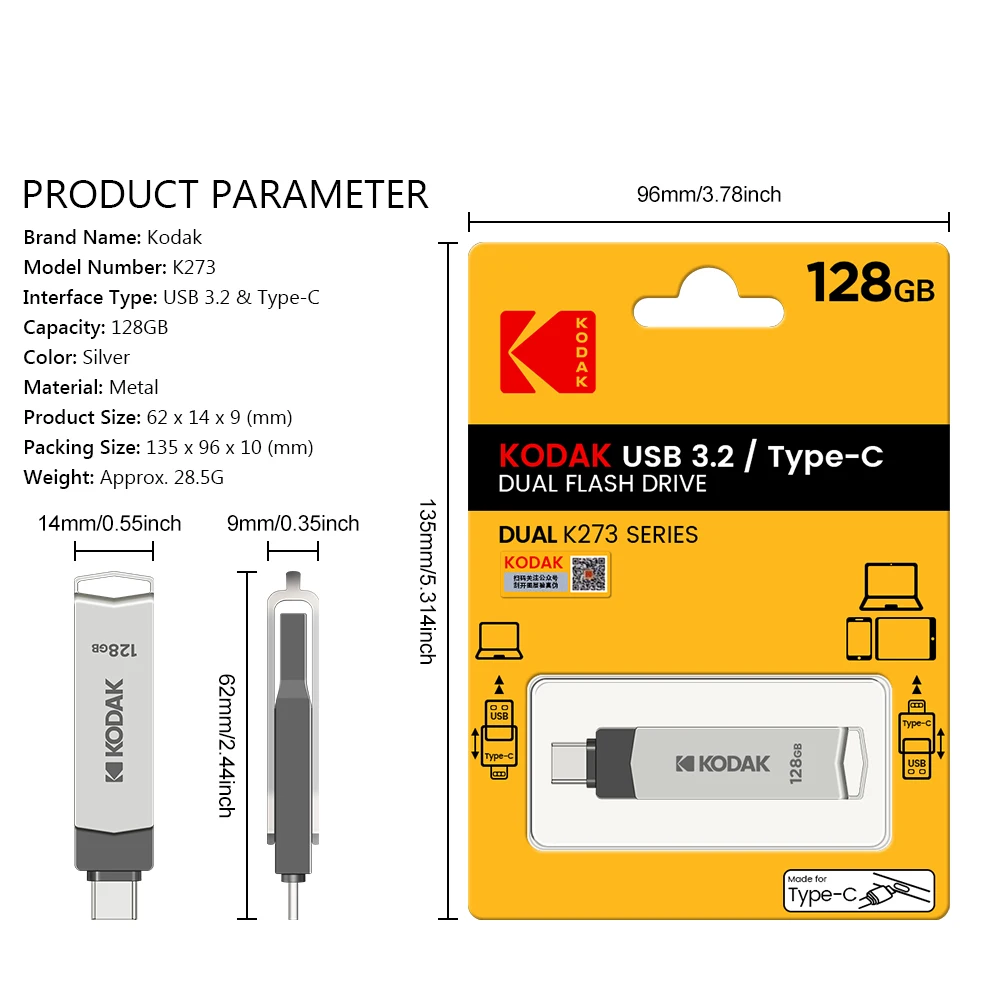 100% Original KODAK OTG type c K273 USB 3.2 USB Flash Drive Pendrive 128GB 64GB Pen Drive for Laptop PC Media player Cellphone