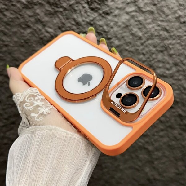 Magnetic Lens Metal Ring Stand Phone Case For IPhone 15 11 12 14 13 Pro Max Lens Glass Film Protection Transparent Magsafe Cover