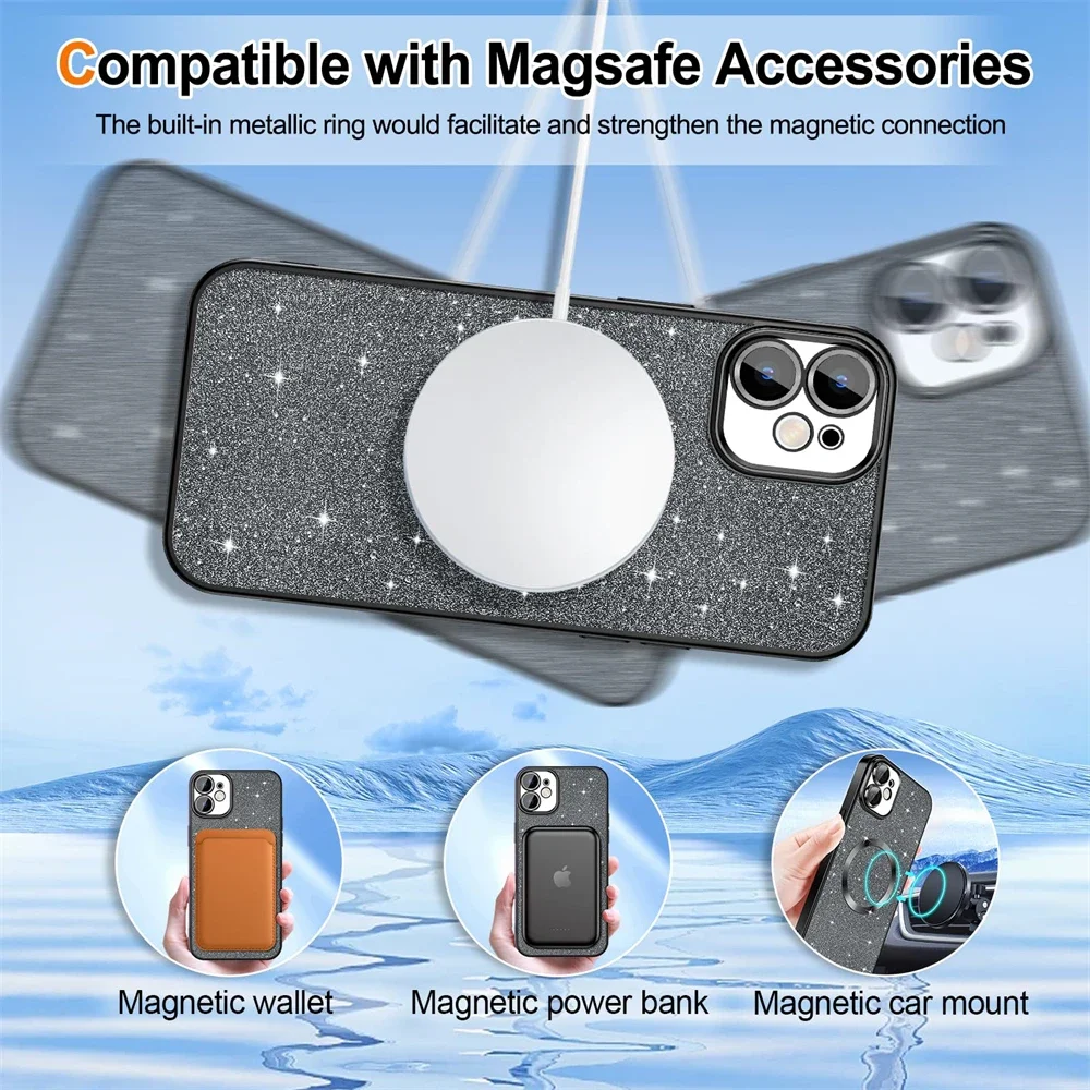 Electroplate With Lens Protector  Phone Case For iPhone 15 14 13 12 11 Pro Max For Magsafe Wireless Charge Bumper Glitter Cover