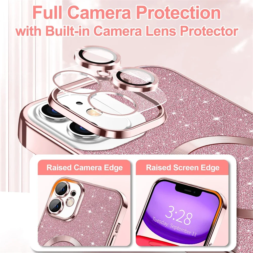 Electroplate With Lens Protector  Phone Case For iPhone 15 14 13 12 11 Pro Max For Magsafe Wireless Charge Bumper Glitter Cover