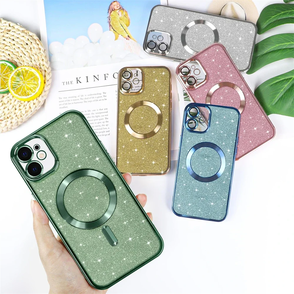 Electroplate With Lens Protector  Phone Case For iPhone 15 14 13 12 11 Pro Max For Magsafe Wireless Charge Bumper Glitter Cover