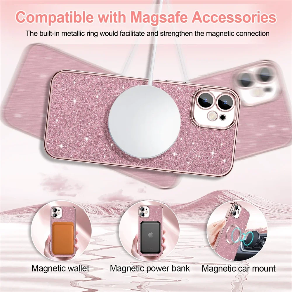 Electroplate With Lens Protector  Phone Case For iPhone 15 14 13 12 11 Pro Max For Magsafe Wireless Charge Bumper Glitter Cover