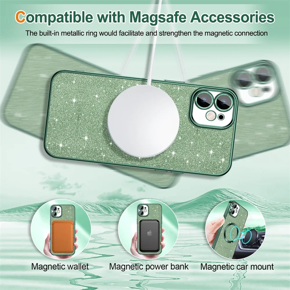 Electroplate With Lens Protector  Phone Case For iPhone 15 14 13 12 11 Pro Max For Magsafe Wireless Charge Bumper Glitter Cover