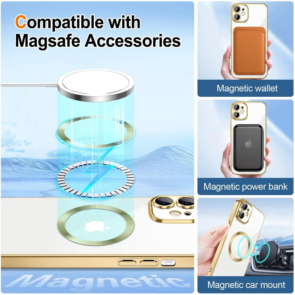 Electroplate With Lens Protector  Phone Case For iPhone 15 14 13 12 11 Pro Max For Magsafe Wireless Charge Bumper Glitter Cover