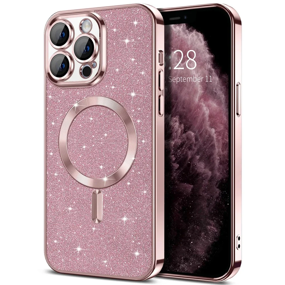 Electroplate With Lens Protector  Phone Case For iPhone 15 14 13 12 11 Pro Max For Magsafe Wireless Charge Bumper Glitter Cover